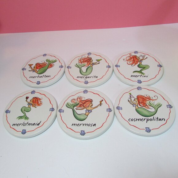 set of 6 wine drink cocktail mermaid ceramic coasters Santa Barbara - Picture 2 of 7